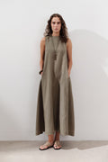 Linen Gathered Dress - Khaki