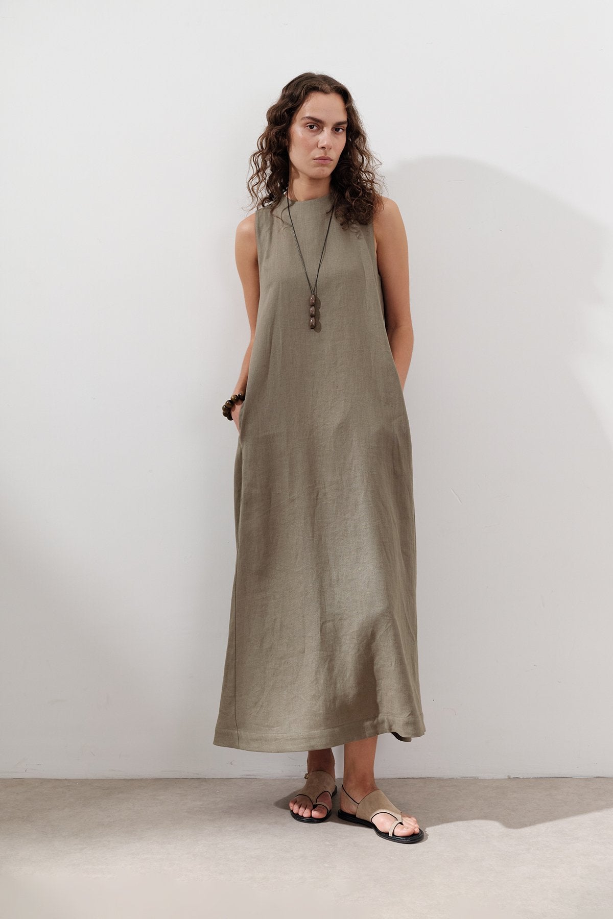 Linen Gathered Dress - Khaki