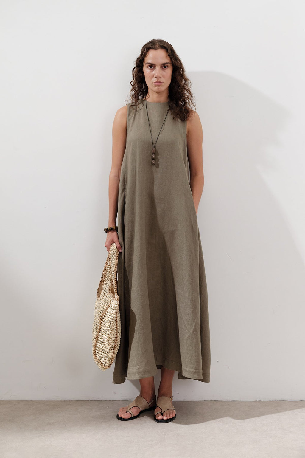 Linen Gathered Dress - Khaki