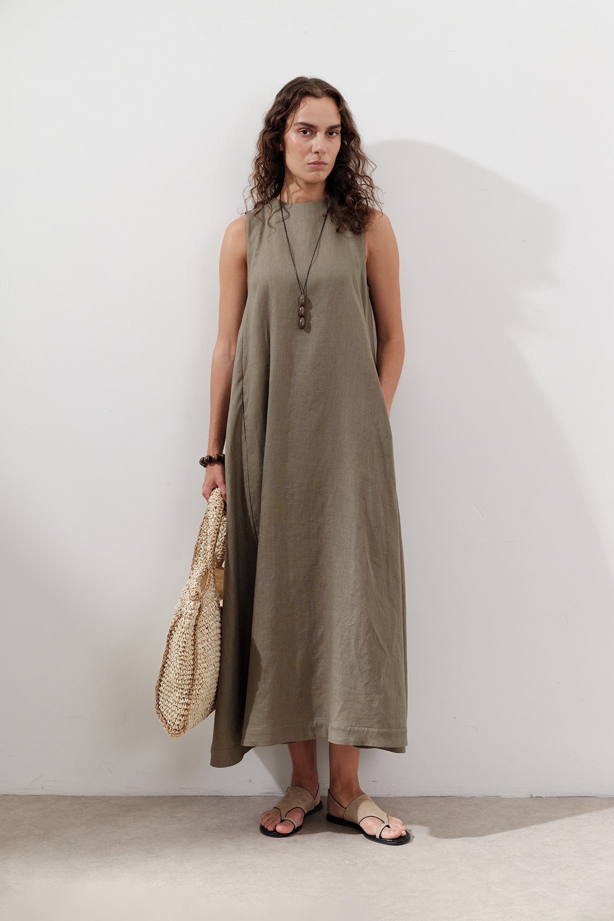 Linen Gathered Dress - Khaki
