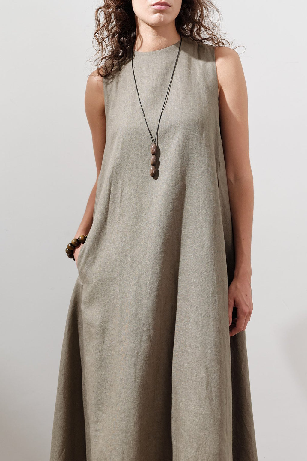 Linen Gathered Dress - Khaki