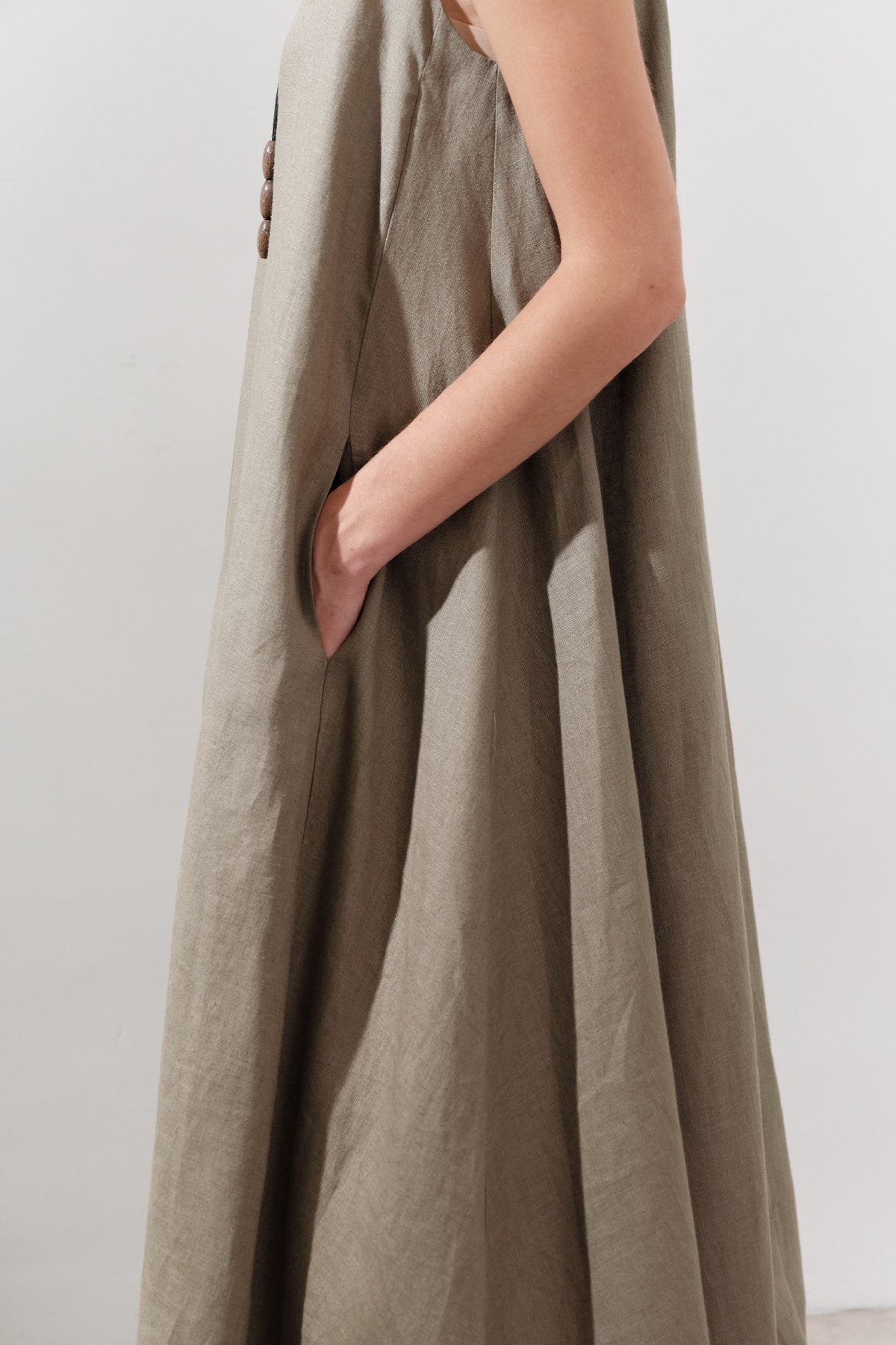 Linen Gathered Dress - Khaki