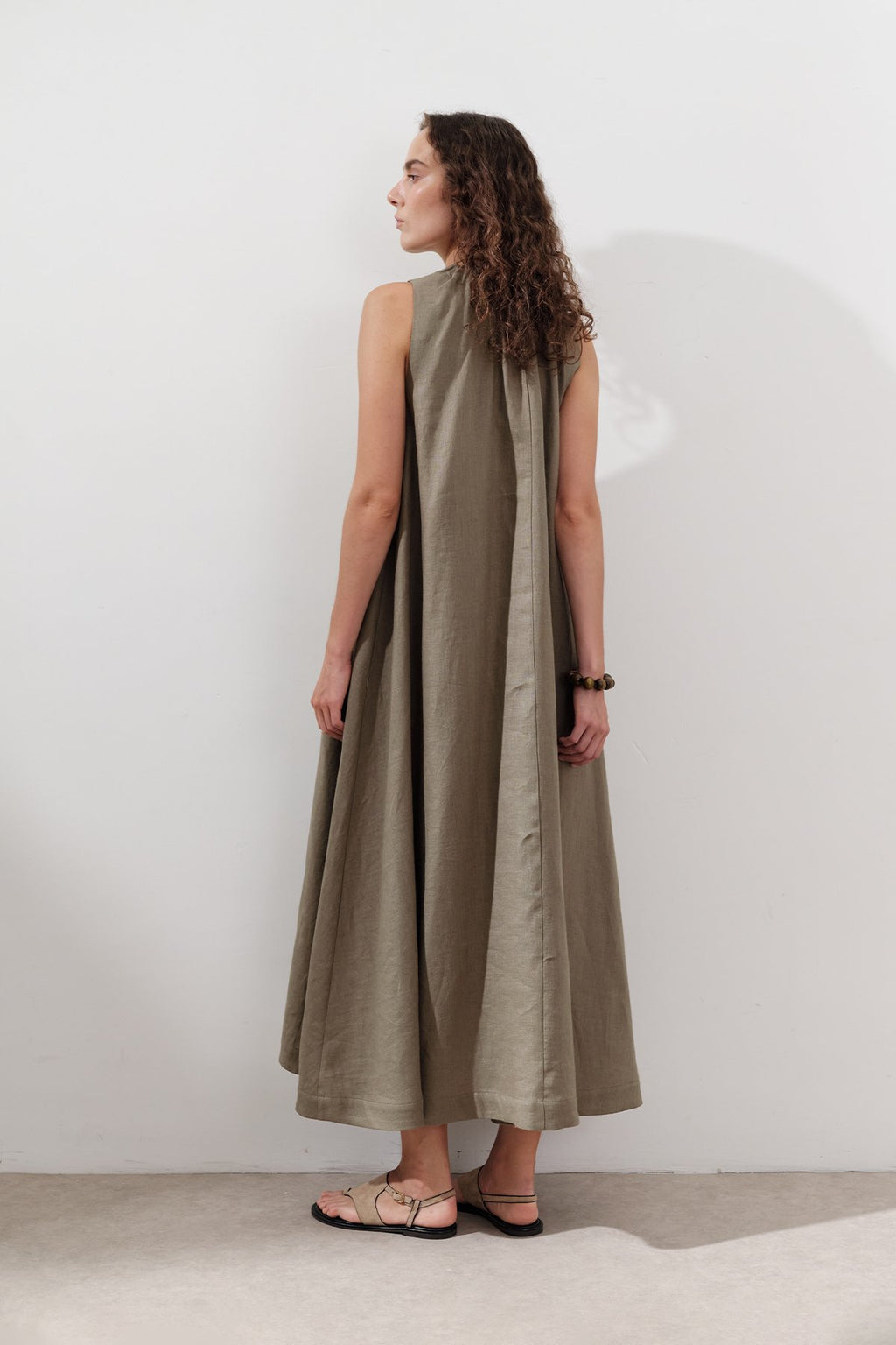 Linen Gathered Dress - Khaki