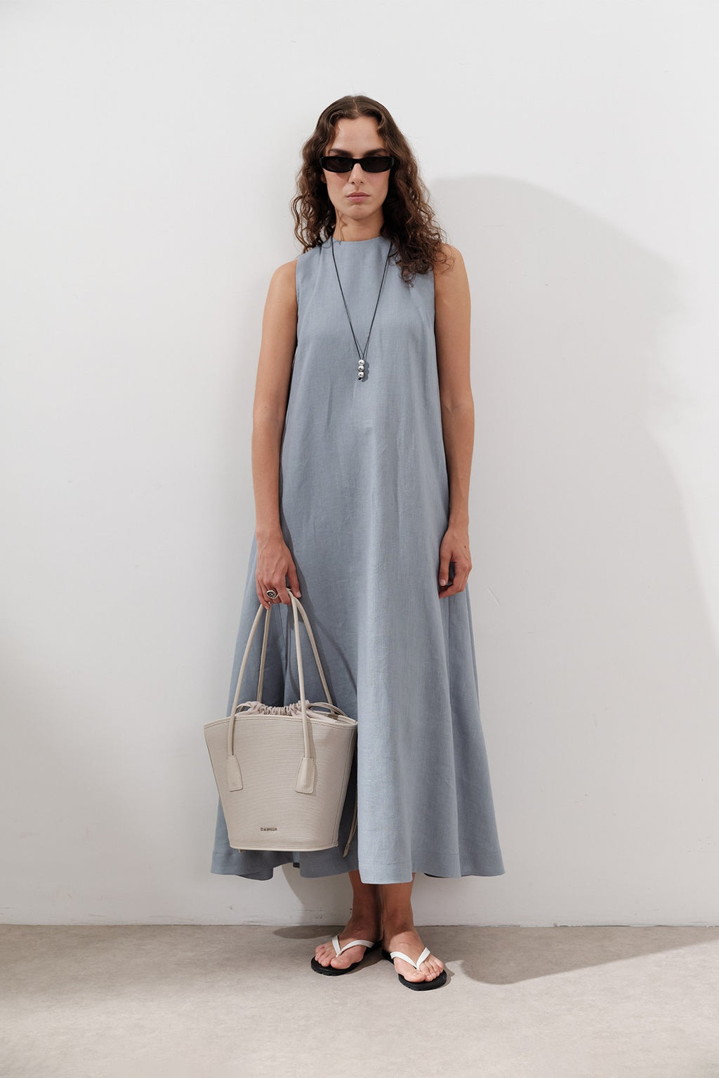 Linen Gathered Dress - Blue