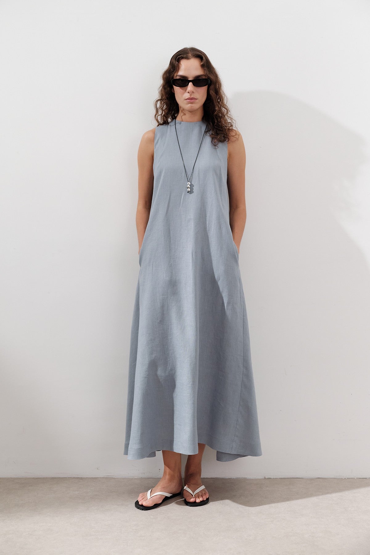 Linen Gathered Dress - Blue
