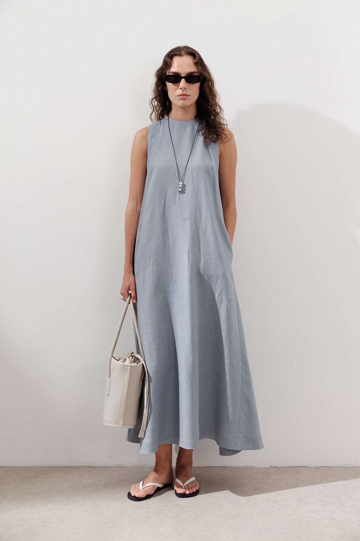 Linen Gathered Dress - Blue