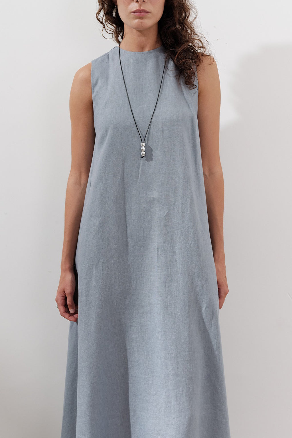 Linen Gathered Dress - Blue