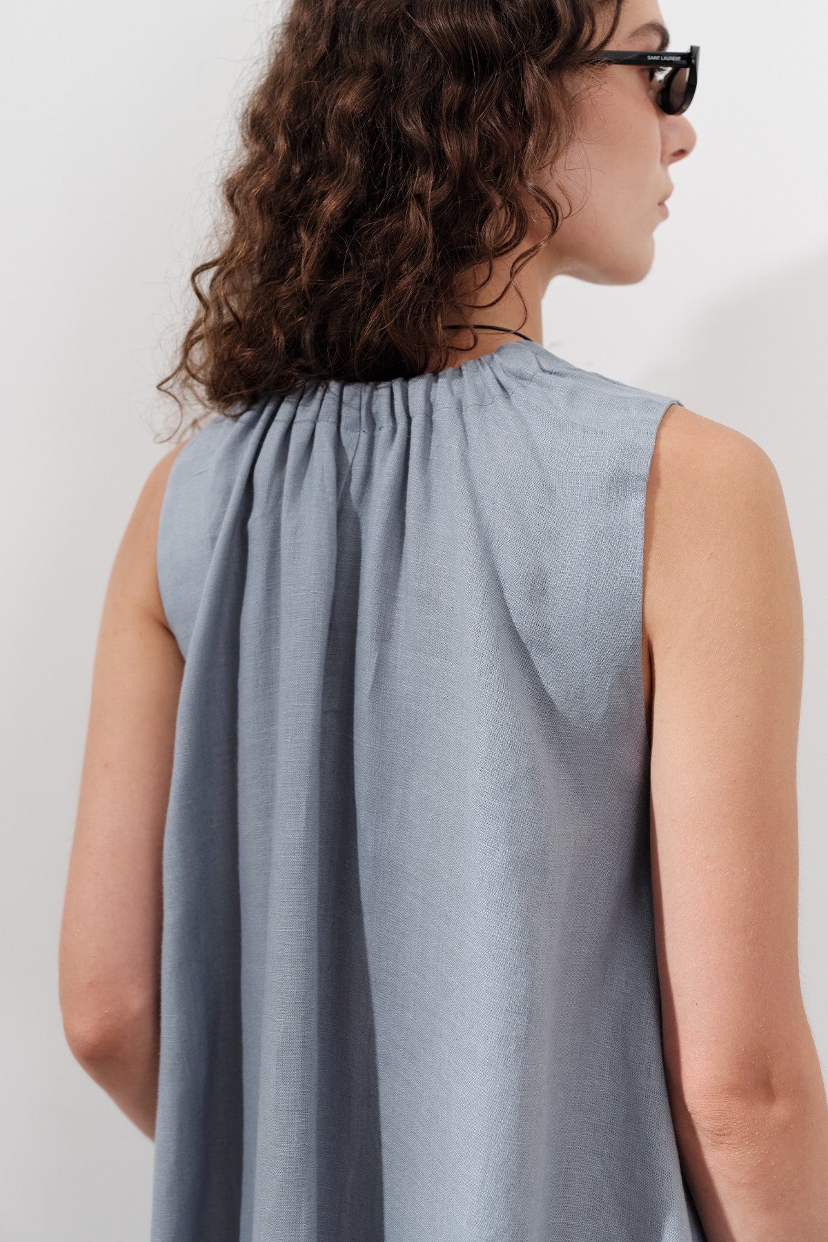 Linen Gathered Dress - Blue
