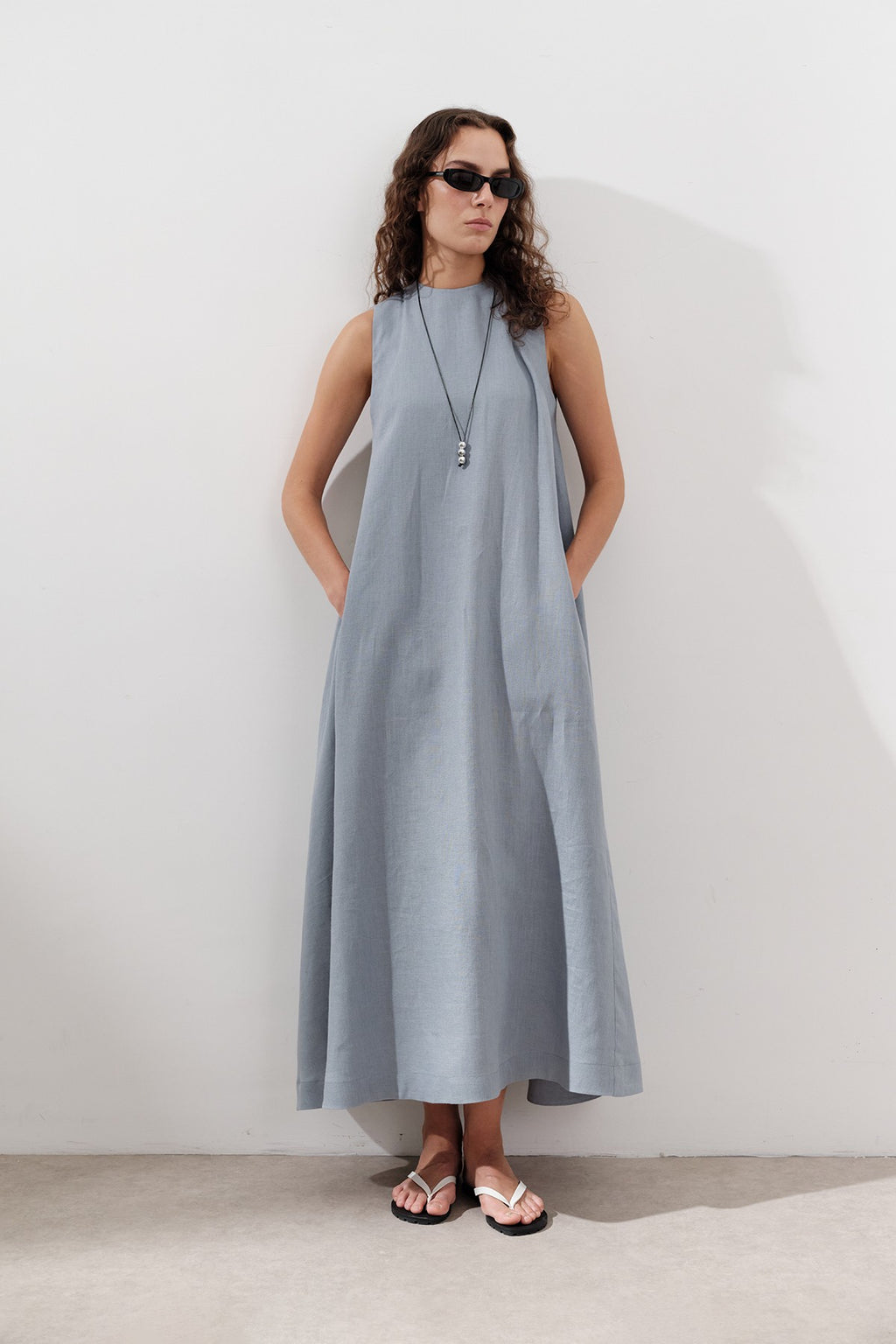 Linen Gathered Dress - Blue