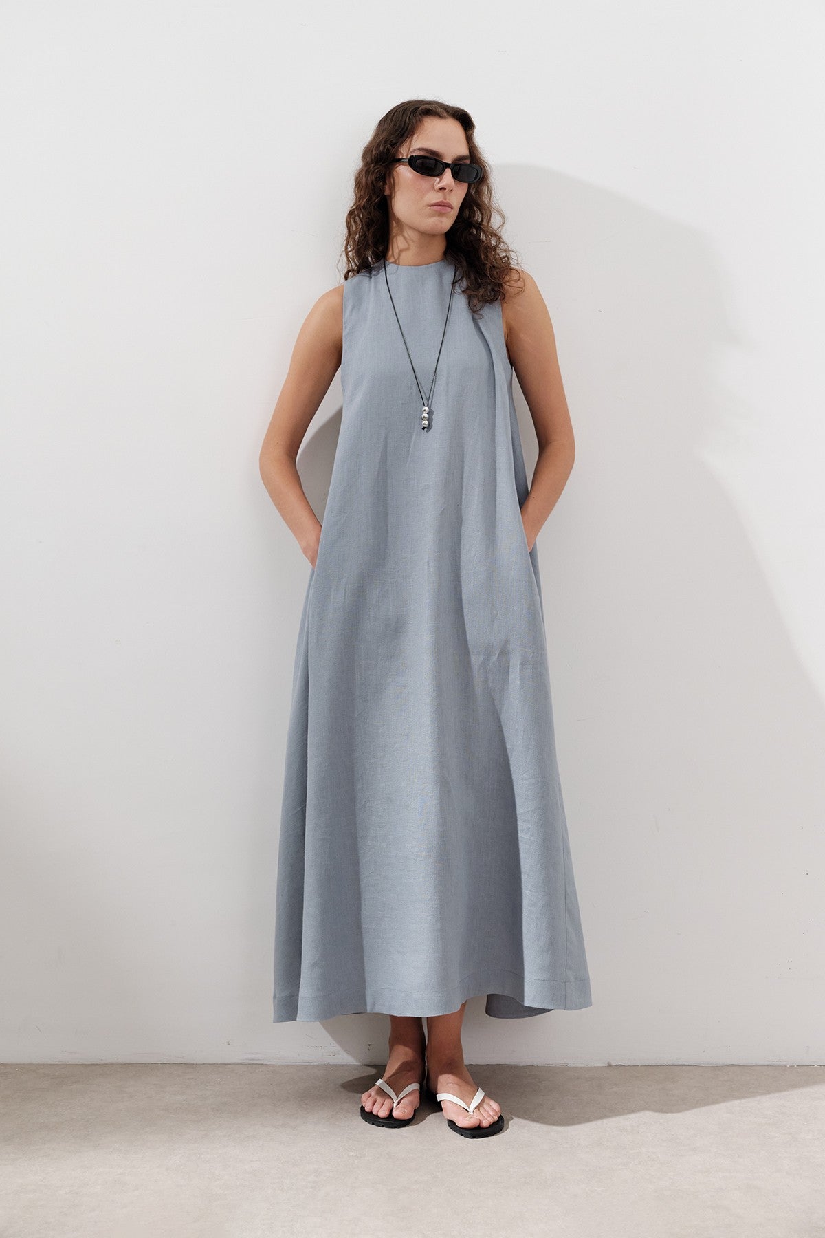 Linen Gathered Dress - Blue