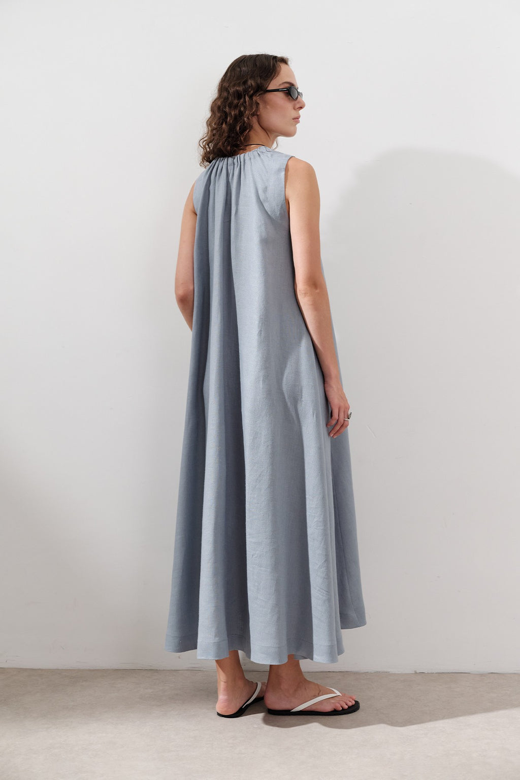 Linen Gathered Dress - Blue