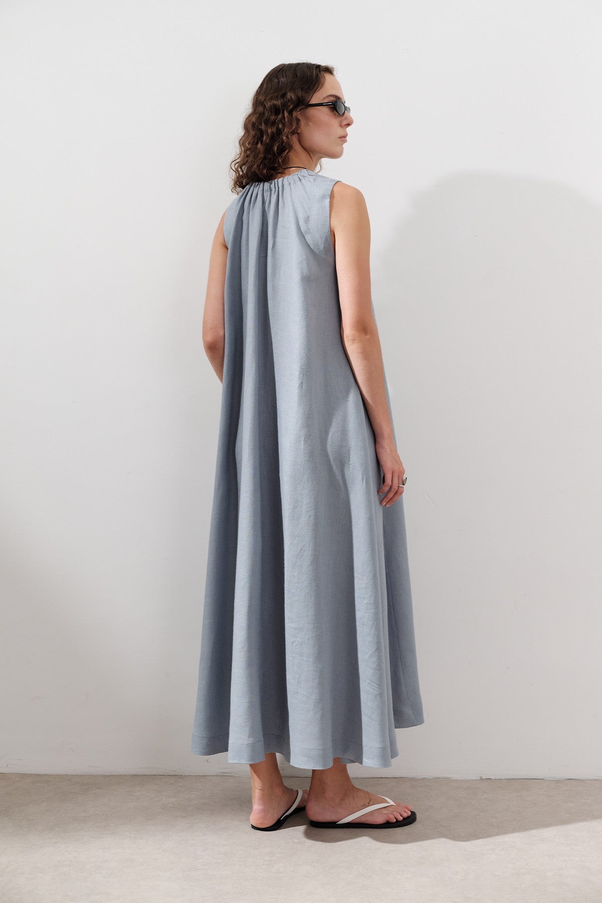 Linen Gathered Dress - Blue