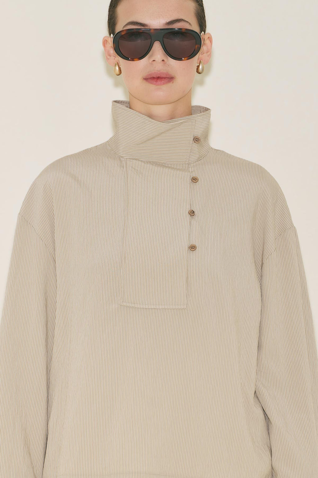 Wide Collar Striped Blouse - Beige