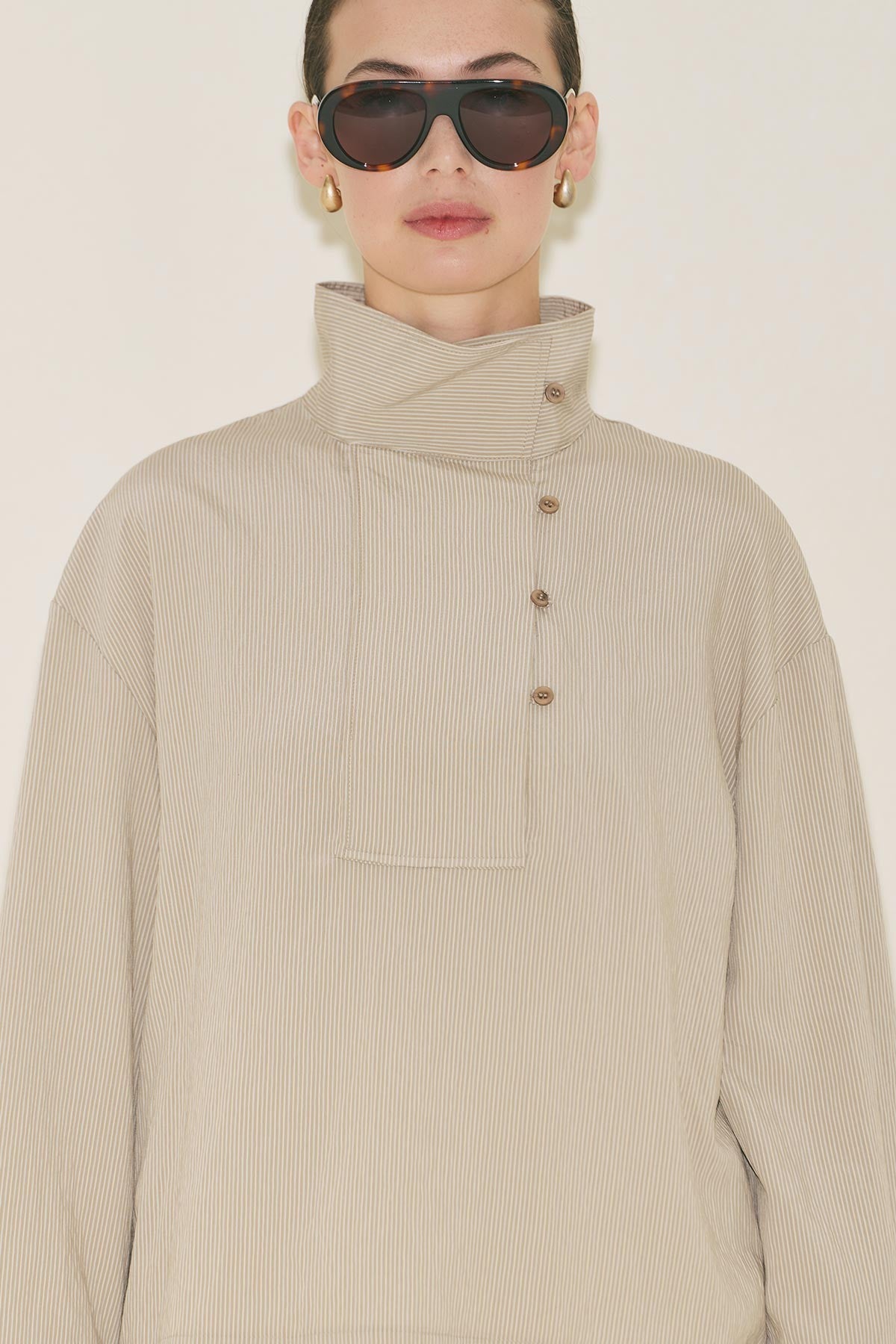 Wide Collar Striped Blouse - Beige