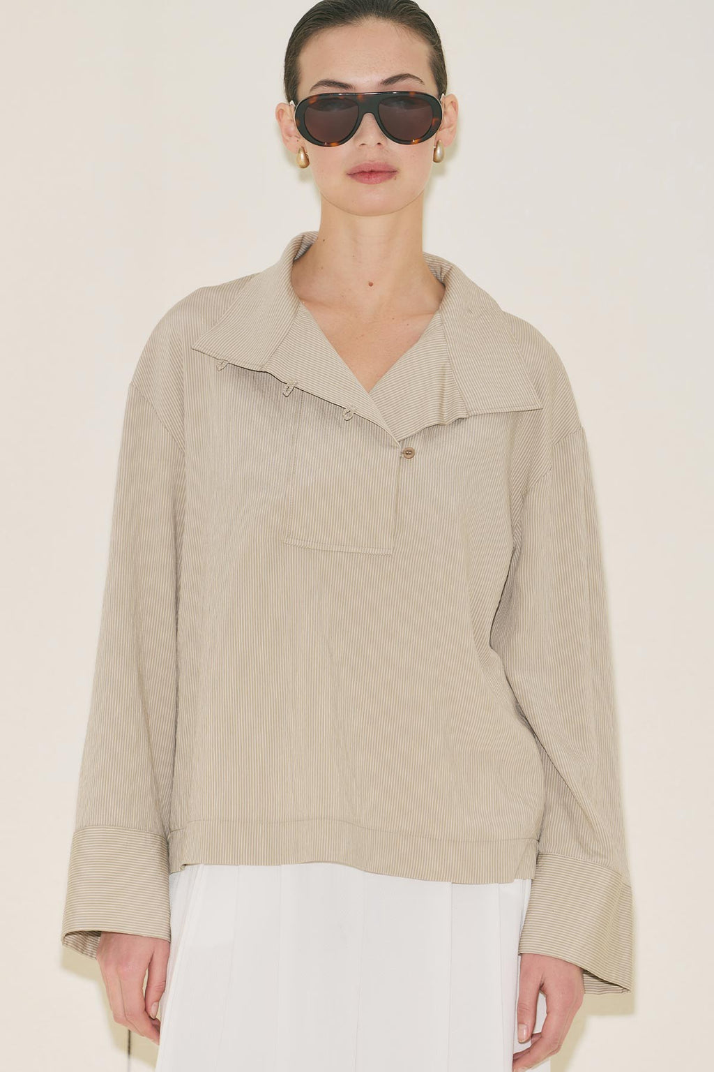Wide Collar Striped Blouse - Beige