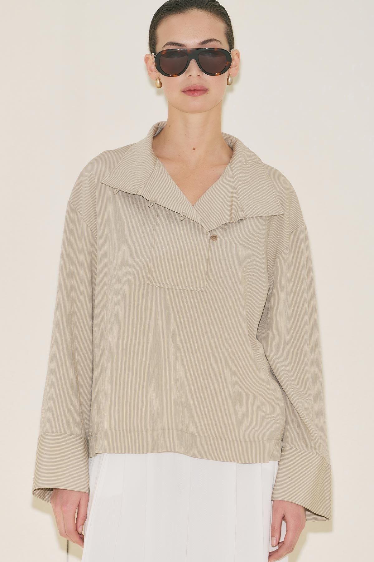 Wide Collar Striped Blouse - Beige