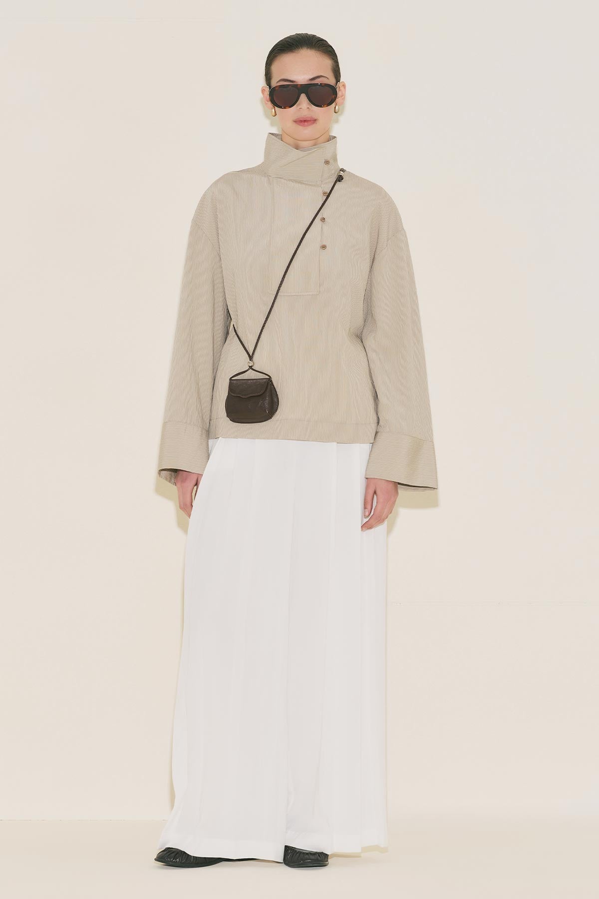 Wide Collar Striped Blouse - Beige