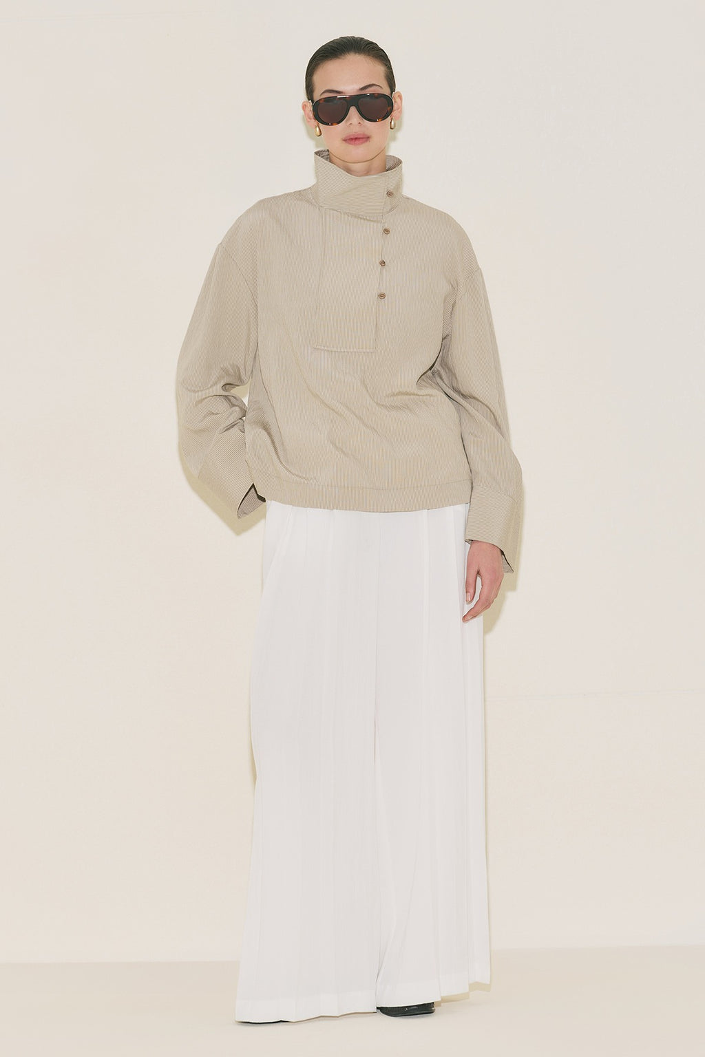 Wide Collar Striped Blouse - Beige