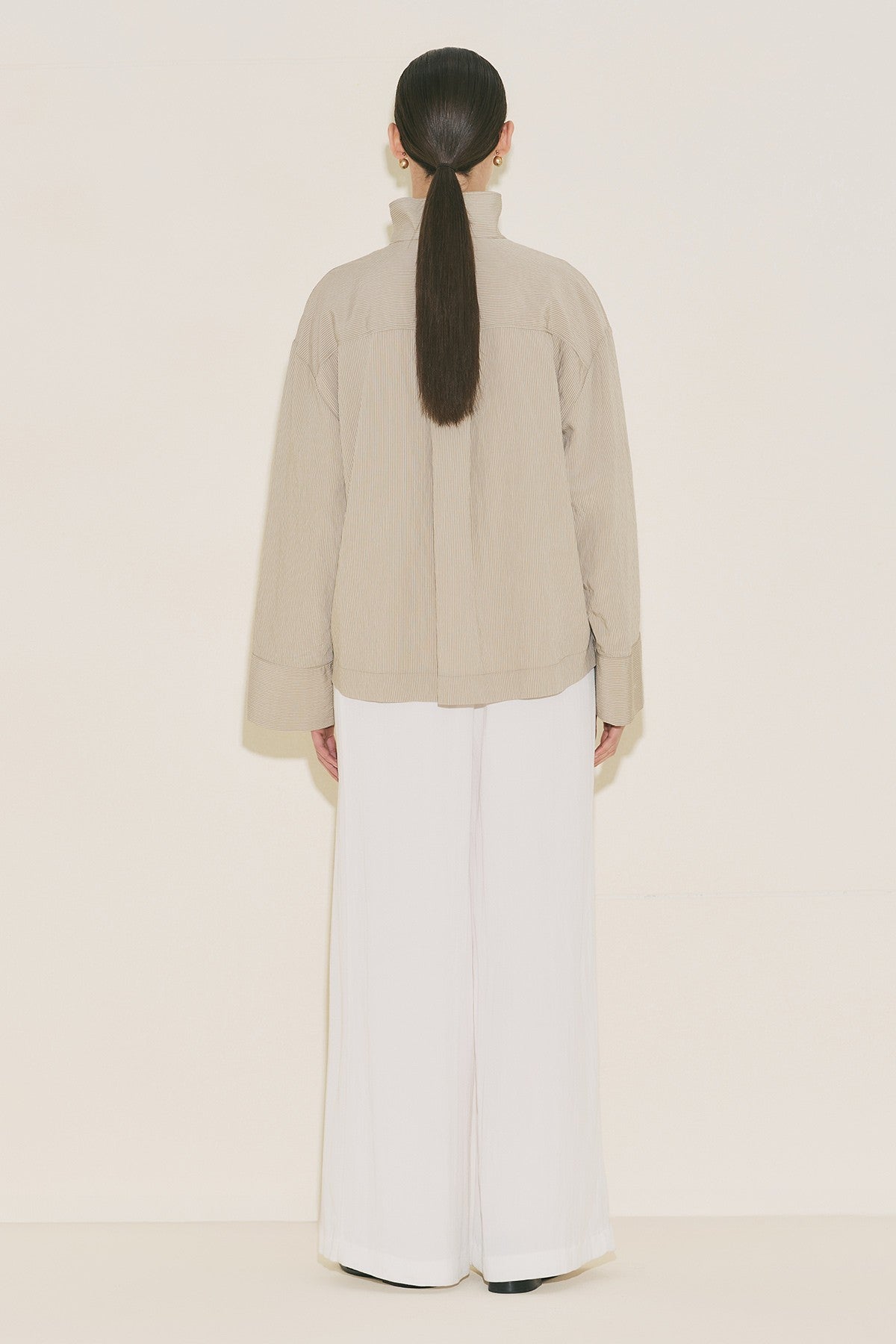 Wide Collar Striped Blouse - Beige