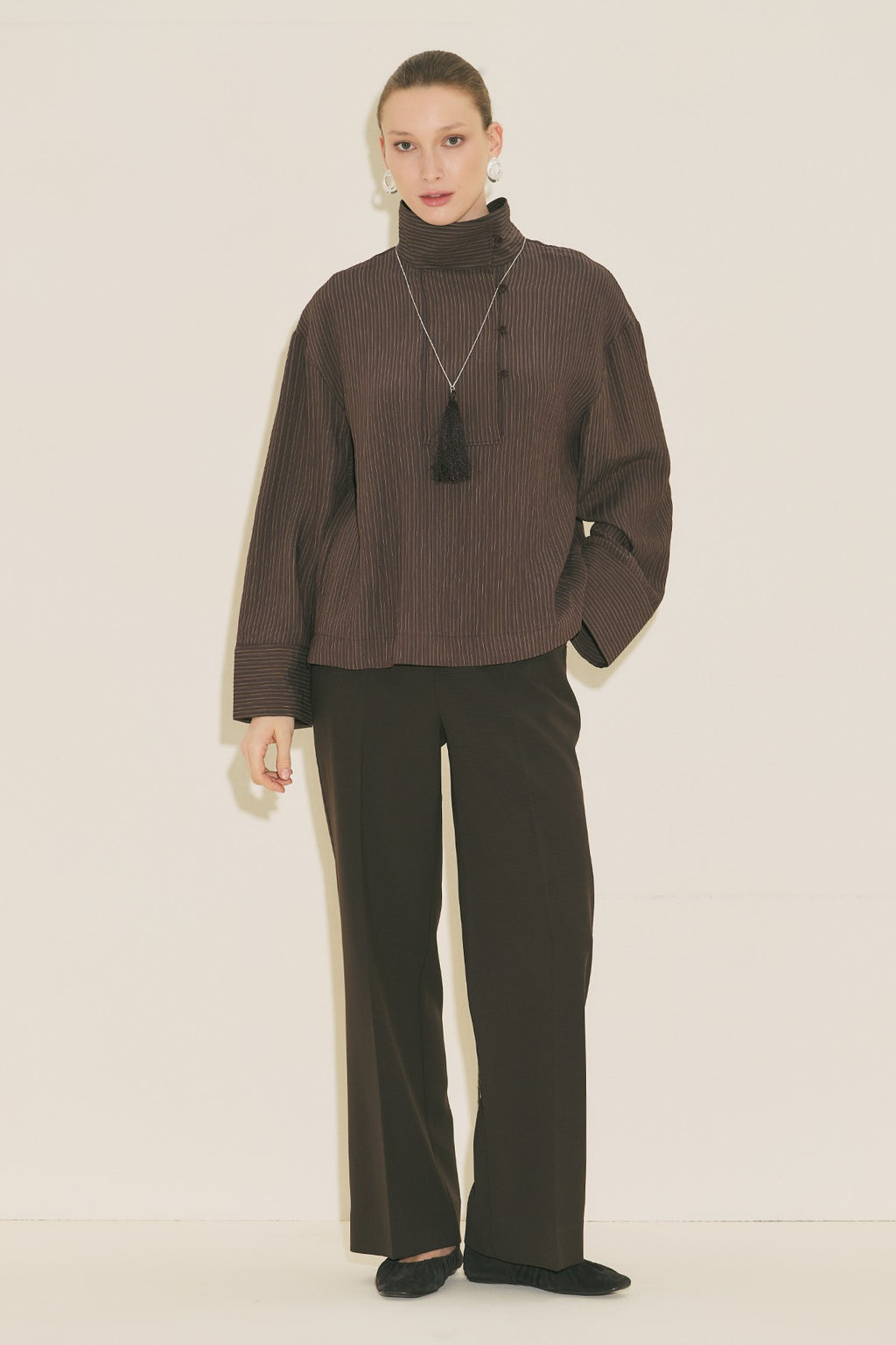Wide Collar Striped Blouse - Brown