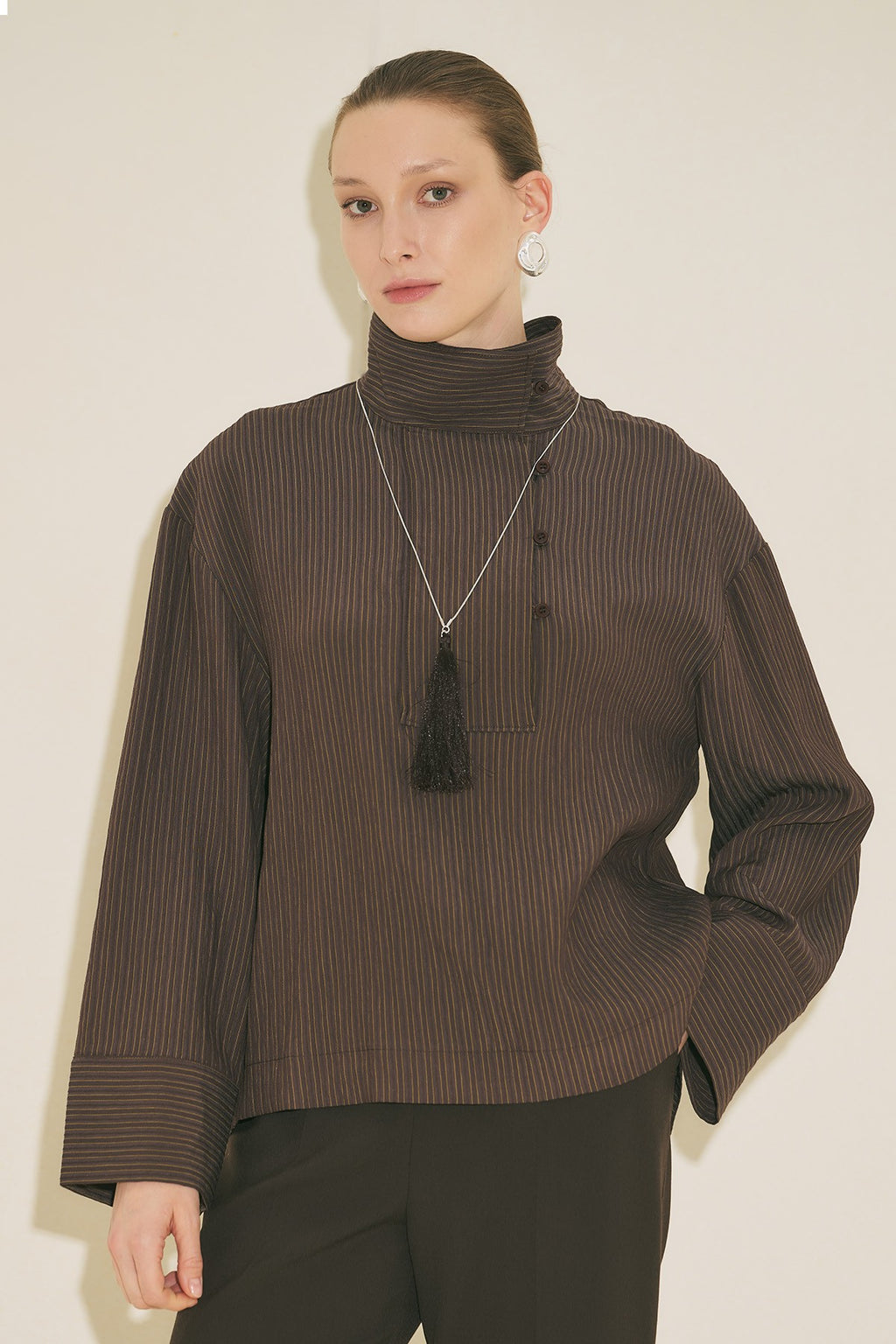 Wide Collar Striped Blouse - Brown