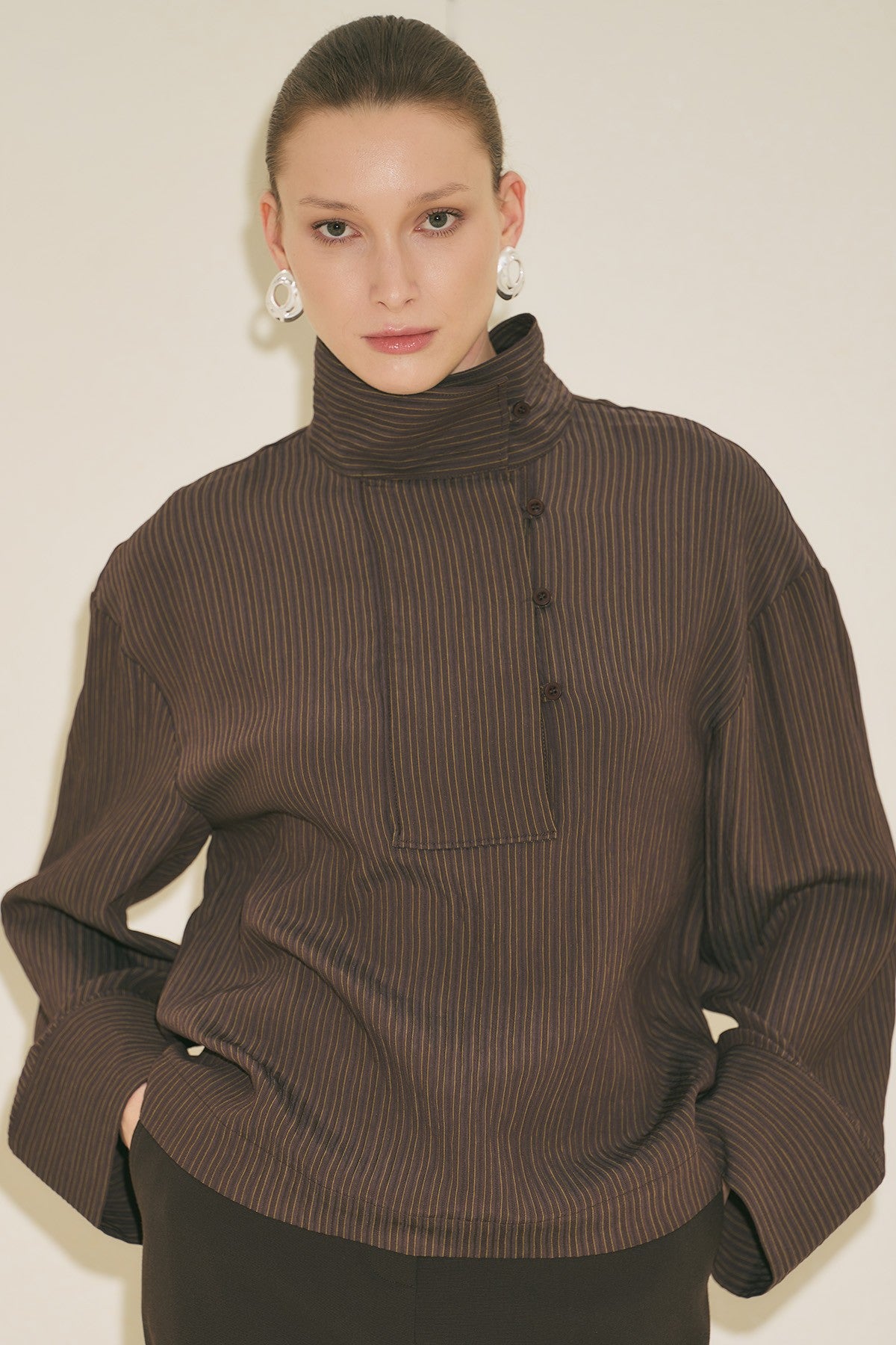 Wide Collar Striped Blouse - Brown