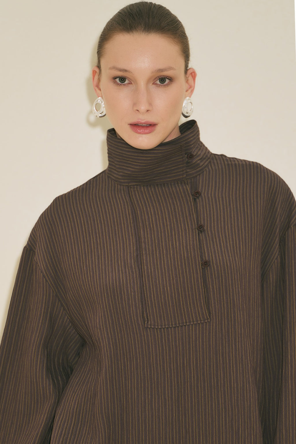 Wide Collar Striped Blouse - Brown