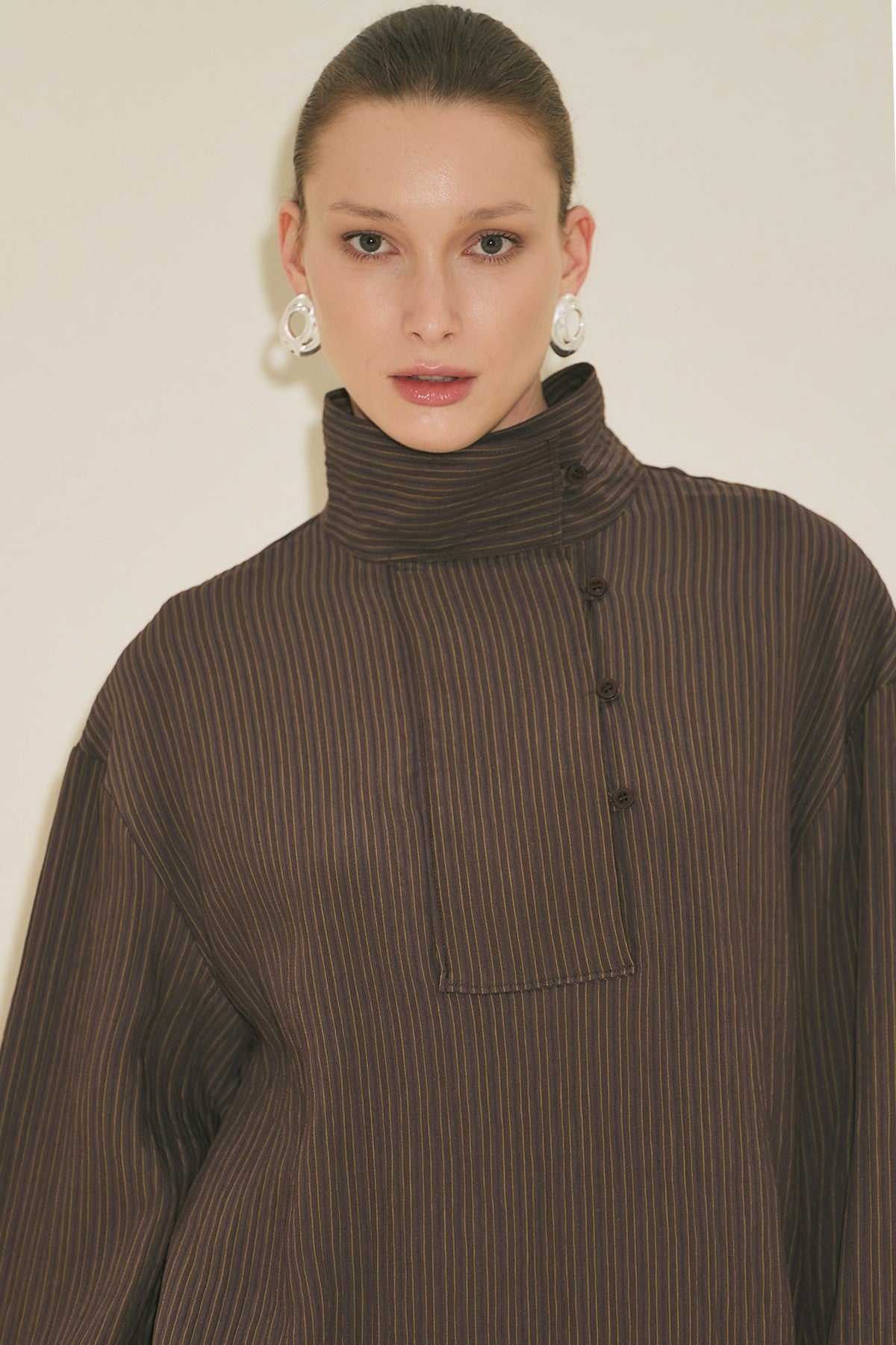 Wide Collar Striped Blouse - Brown