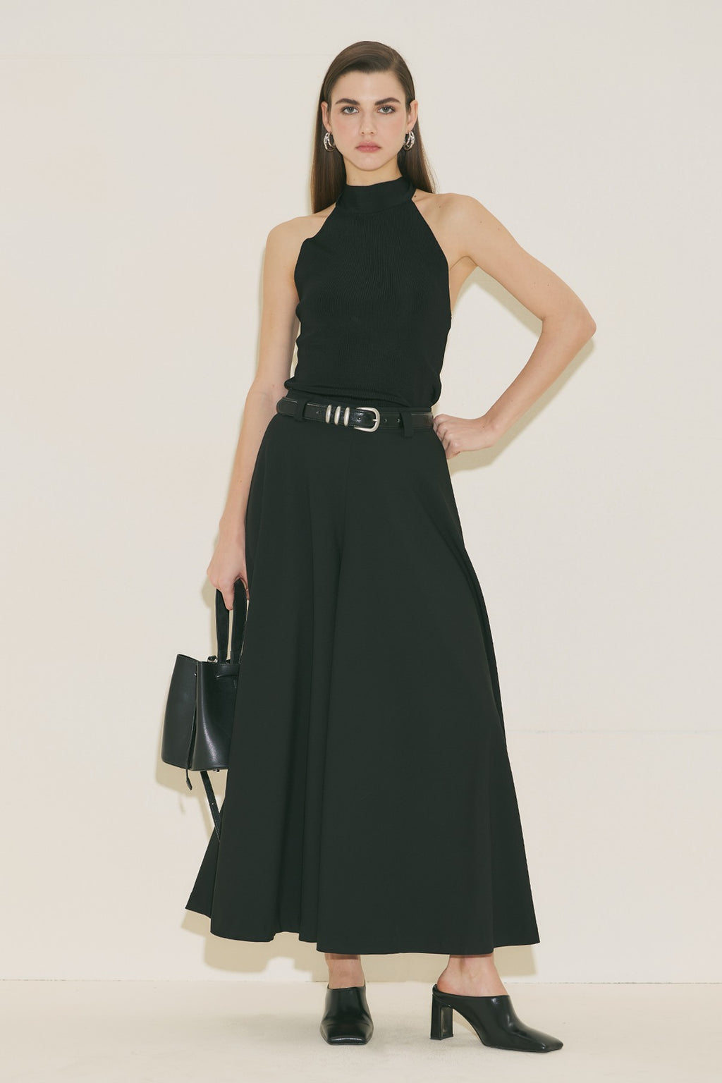 Wide Leg Skirt Trousers - Black