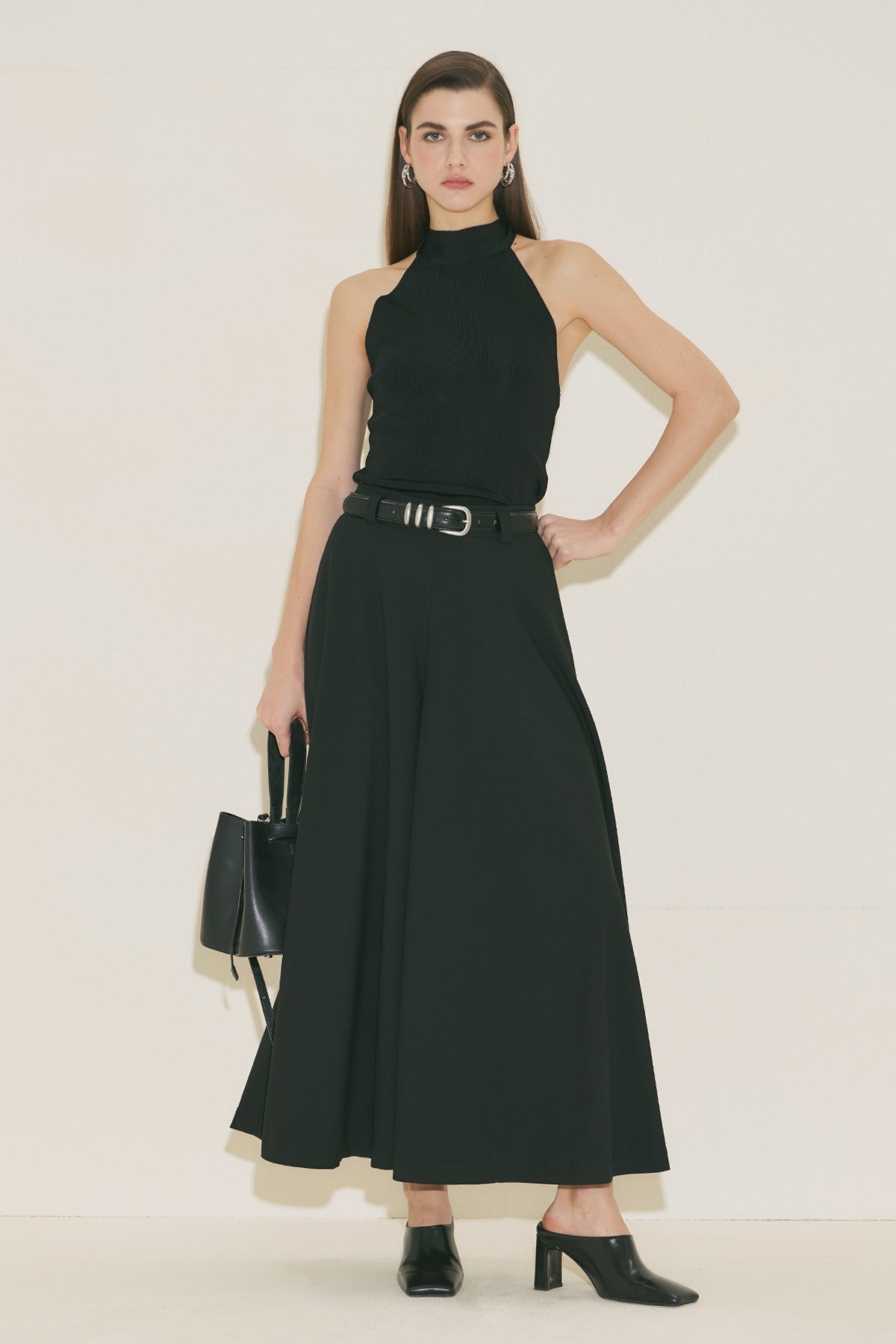 Wide Leg Skirt Trousers - Black