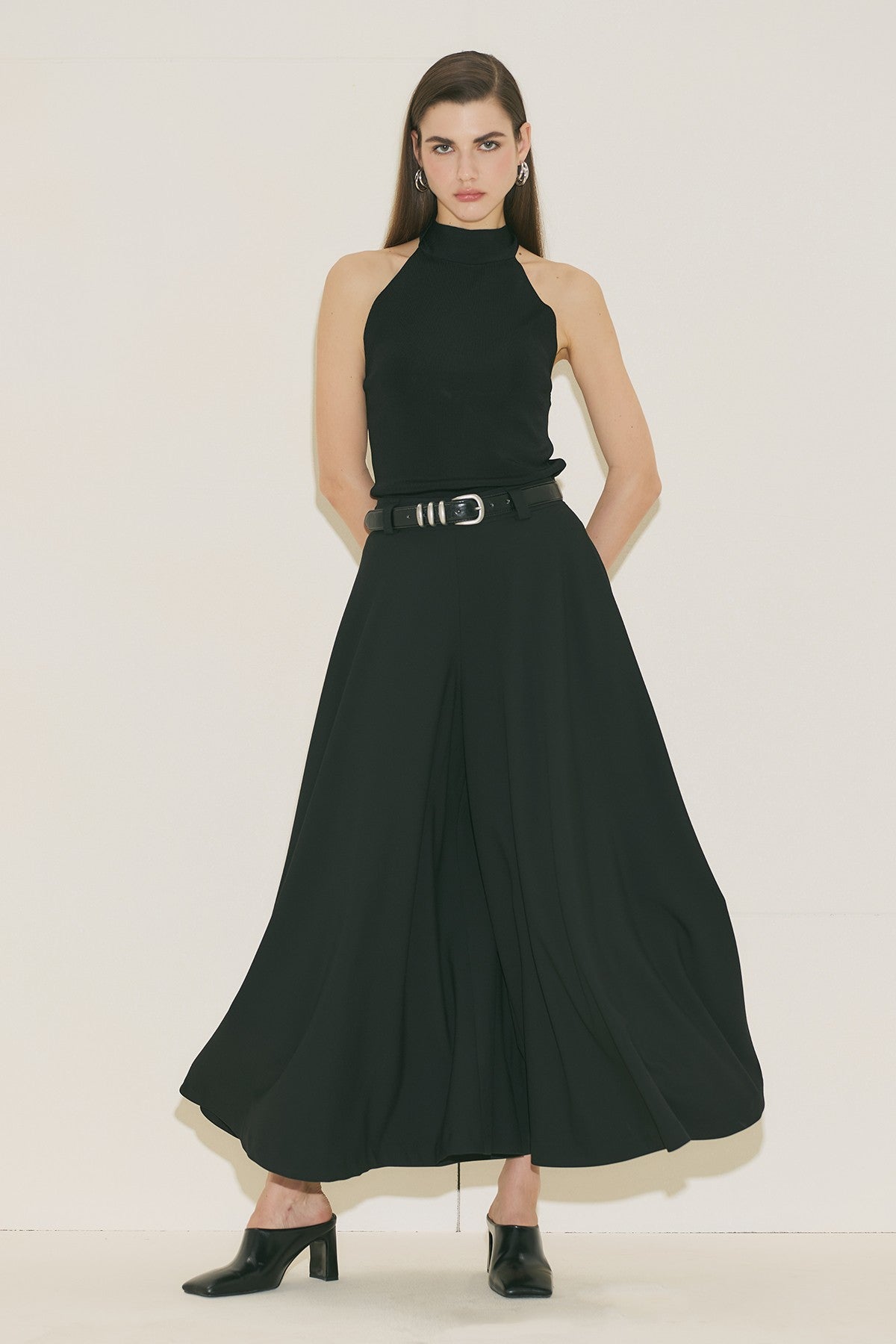 Wide Leg Skirt Trousers - Black