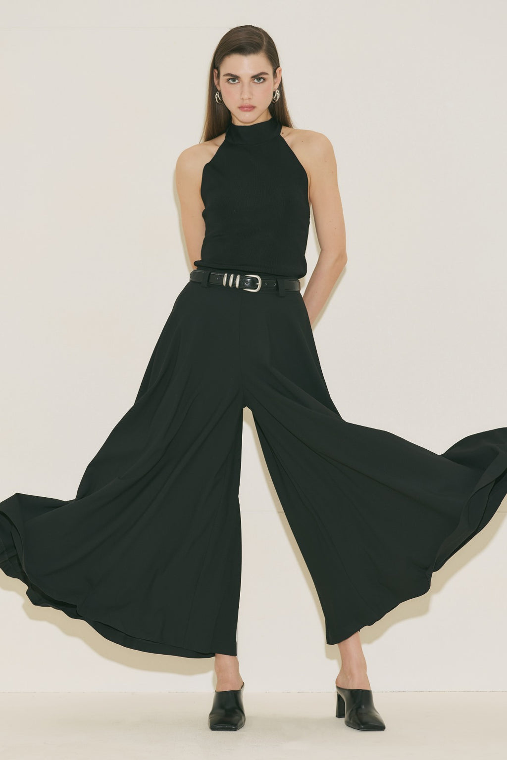 Wide Leg Skirt Trousers - Black