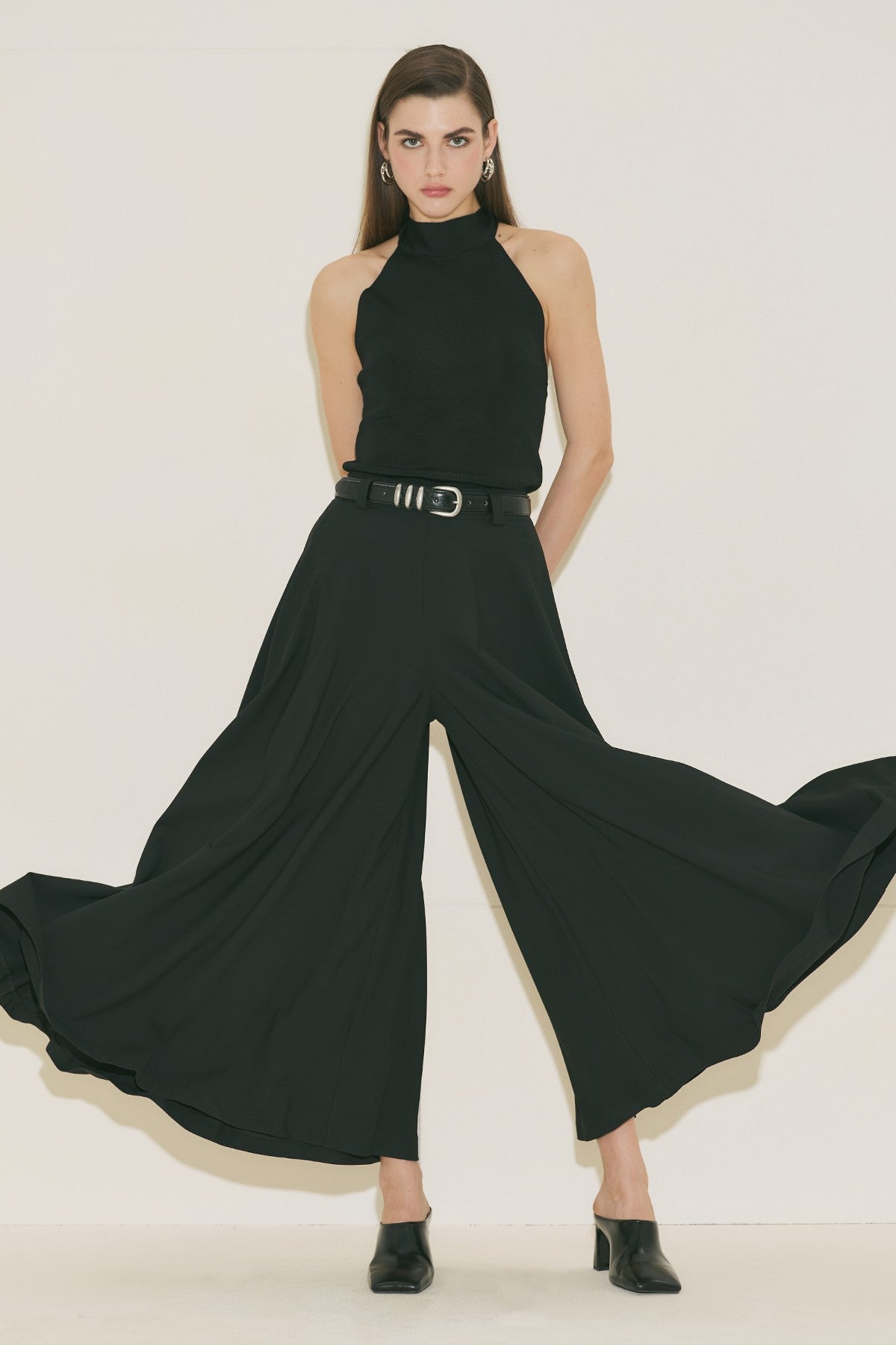 Wide Leg Skirt Trousers - Black
