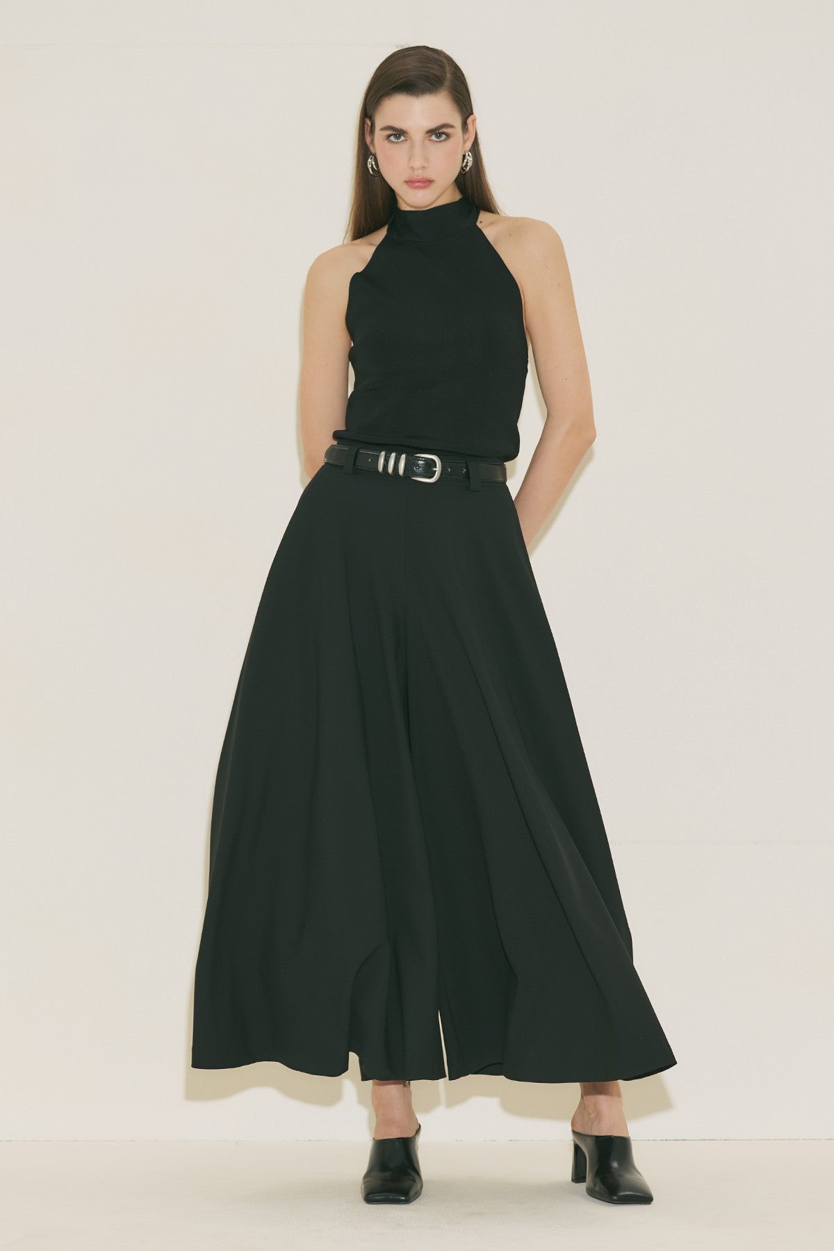 Wide Leg Skirt Trousers - Black